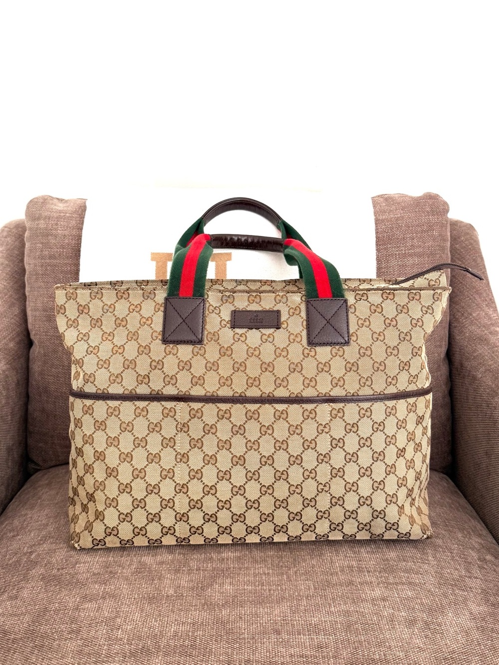 Gucci authentic monogram tote bag brown canvas diaper bag red green handles